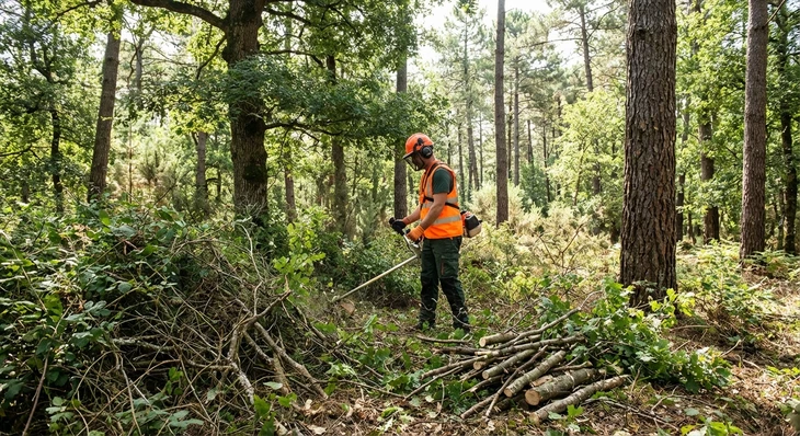 Photographie en extérieur montrant un terrain résidentiel ou parcelle mal entretenue envahi par une végétation dense et sauvage (ronces, broussailles épaisses, hautes herbes), présentant un aspect négligé et difficilement accessible, avant intervention de débroussaillage. La végétation doit être clairement visible comme un problème d'envahissement, sans présence de personnes ni texte.